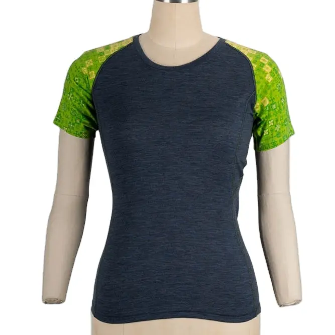 Women merino wool crew neck and contrast sleeve T-shirt