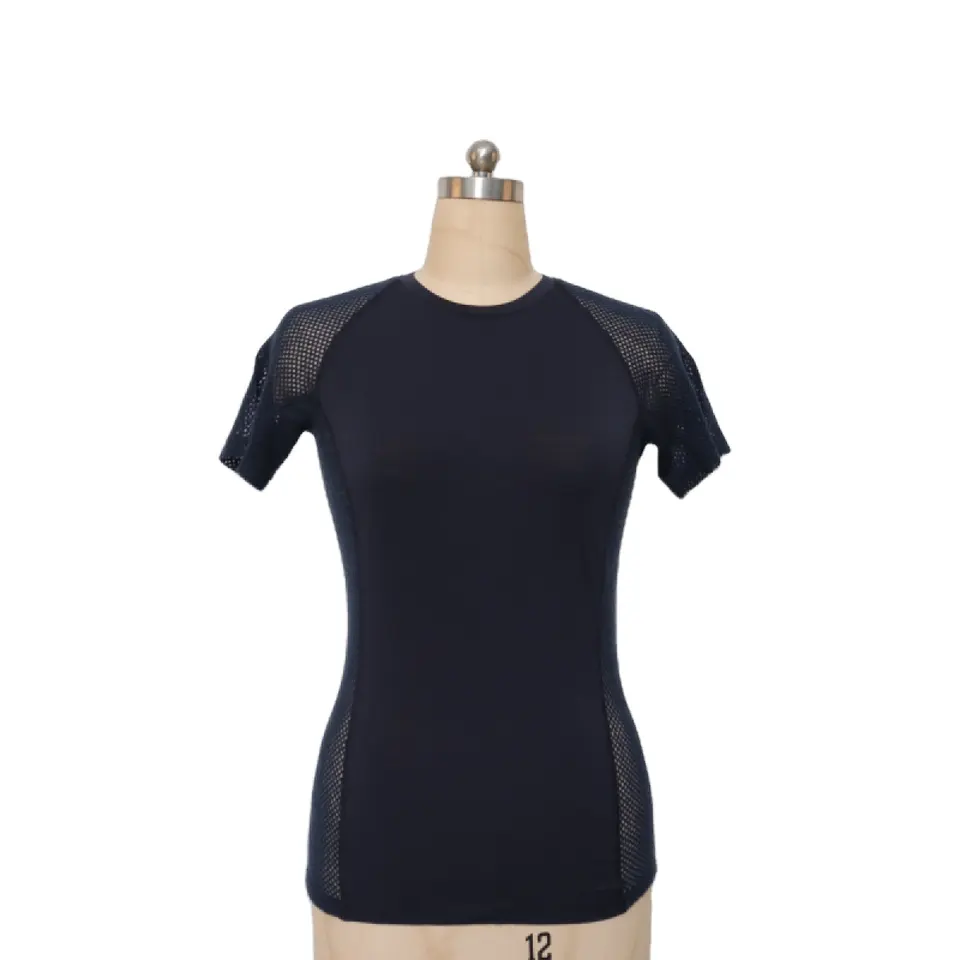 Women merino wool with big diamond hole mesh T-shirt